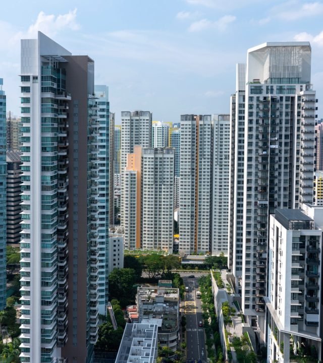 An amazing aerial shot of the Singapore cityscape with lots of skyscrapers